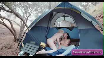 Sexy busty natural lesbo sluts eating pussy in a tent while camping video